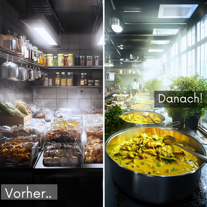Onshii - Vorher- Nachher Bild von einer Küche. Links einzelne zutaten, die noch verarbeitet werden müssen. Rechts unsere fertigen Tiefkühlprodukte in Töpfen aufgewärmt.
