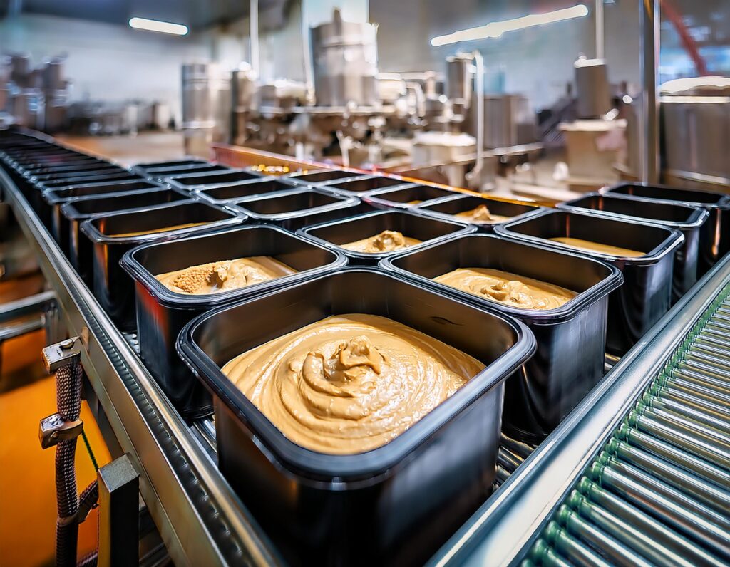 Onshii - Bild von frisch, fertig produziertem Hummus, der bereits in Eimer abgefüllt wurde.